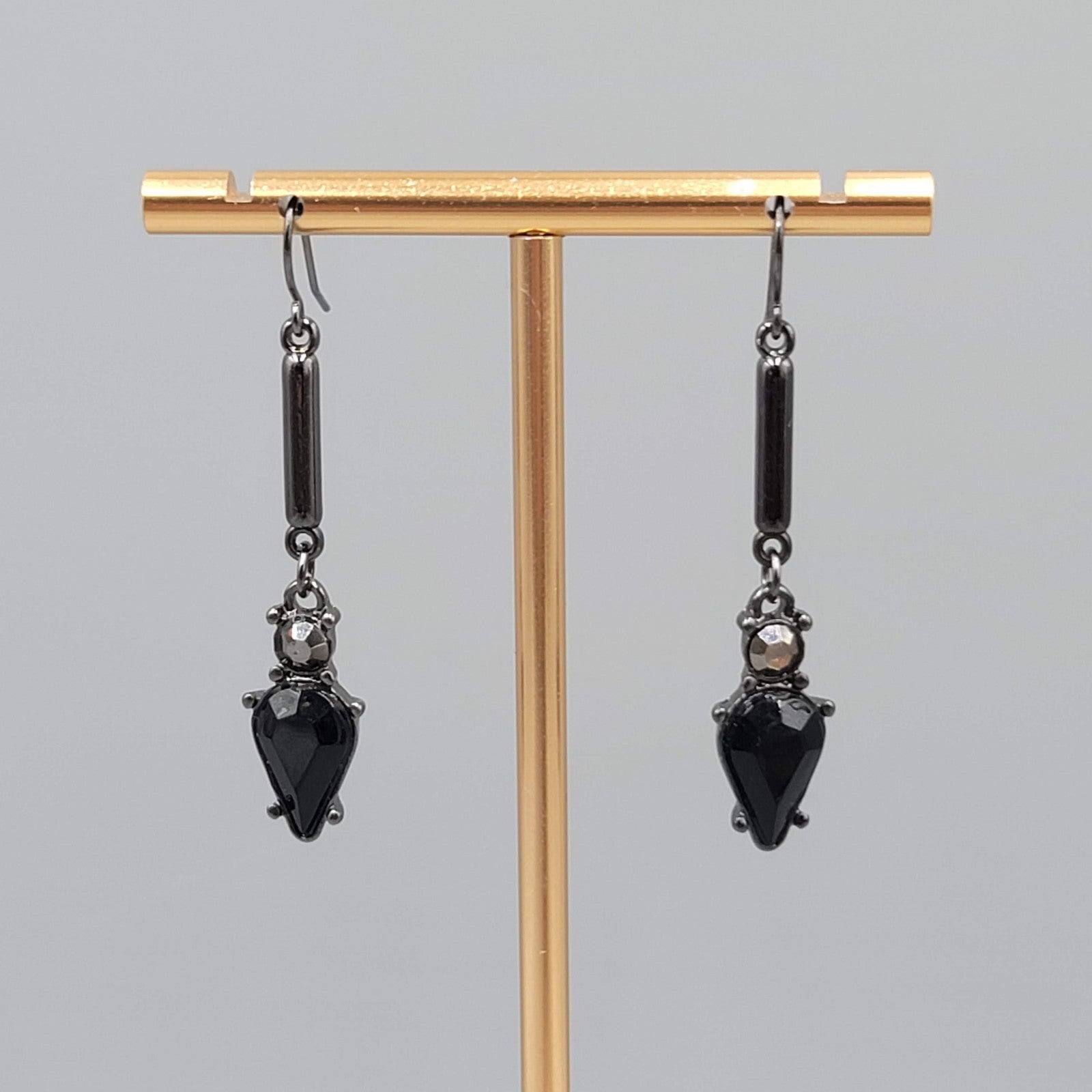 Black Metal Rhinestone Pierced Earrings Dangle 1.75 in