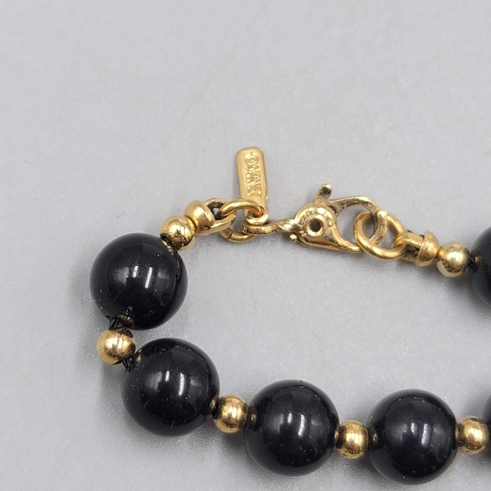 Vintage Monet Necklace Nlack Bead Gold tone Long 28 in
