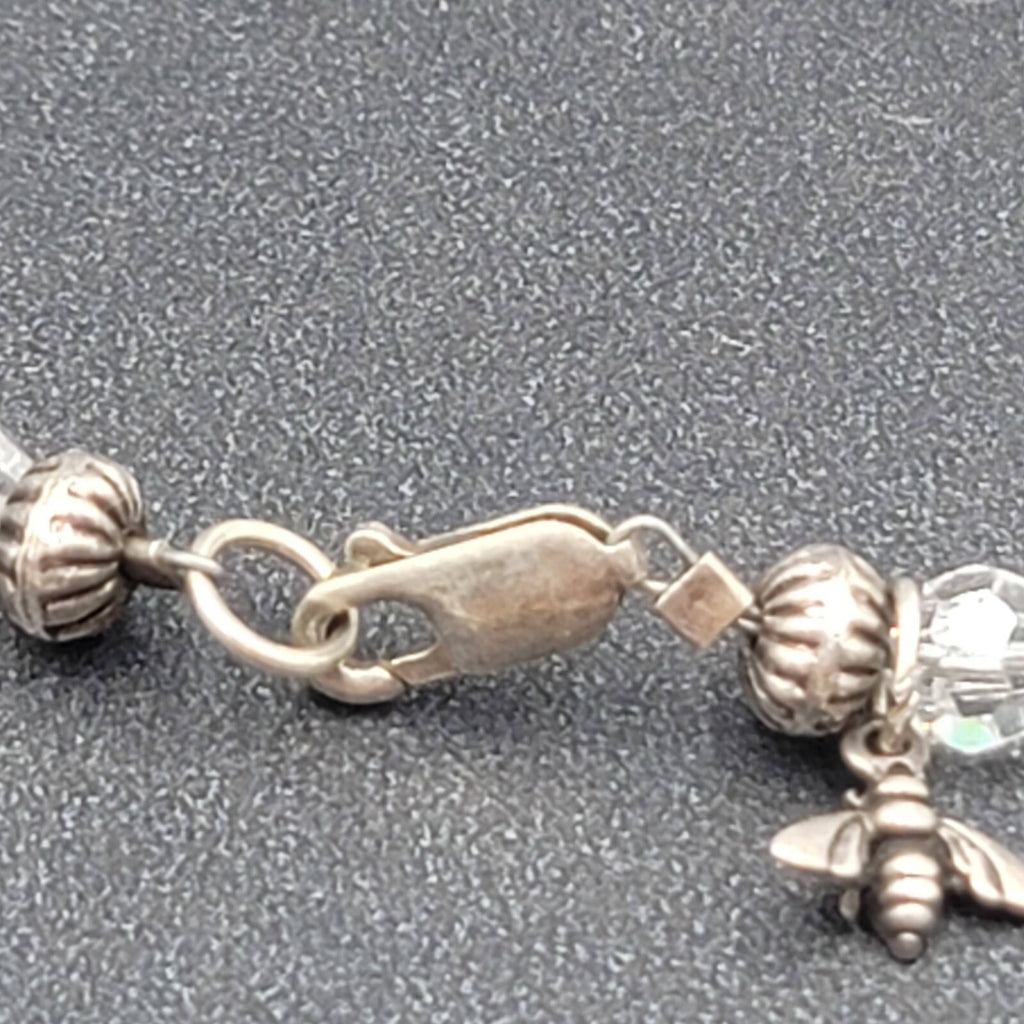 Sterling Silver Crystal Bead Bracelet Bee Charm 6 3/4"