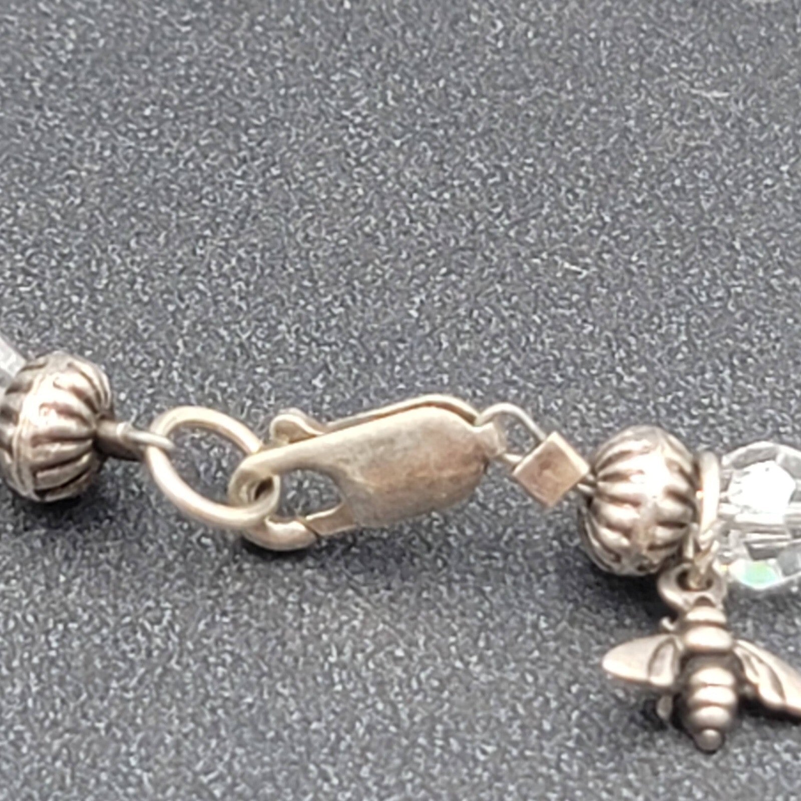 Sterling Silver Crystal Bead Bracelet Bee Charm 6 3/4"