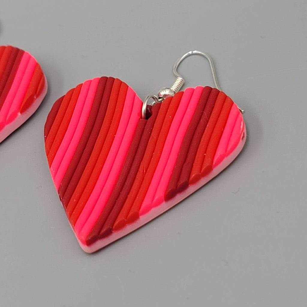 Large Heart Stripes Pierced Earrings Reds Polymer Clay 1.5"
