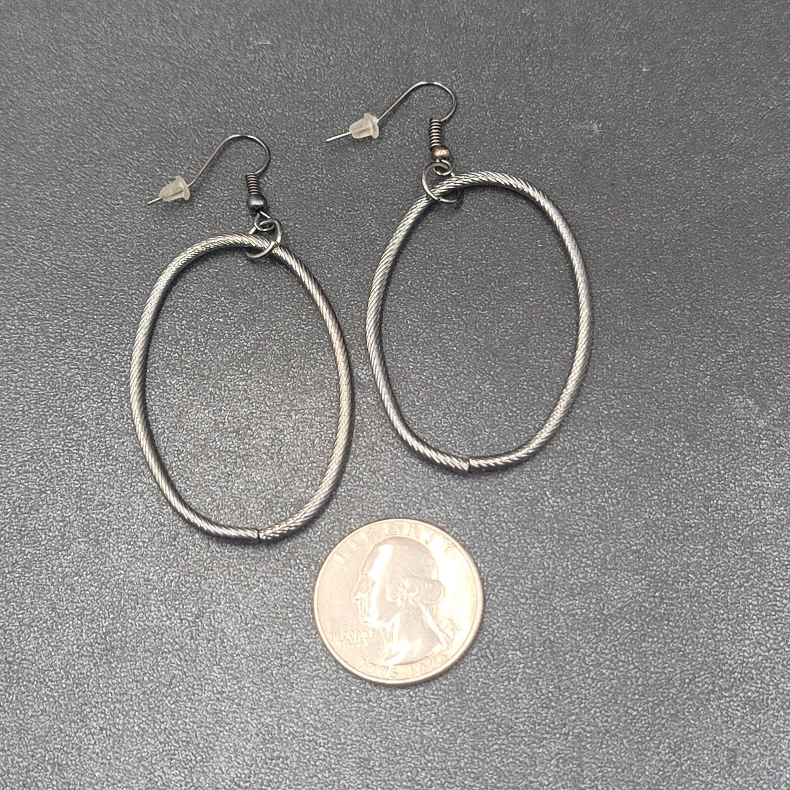 Pierced Earrings Black Metal Textured Oval Long Hoops Dangle 2"