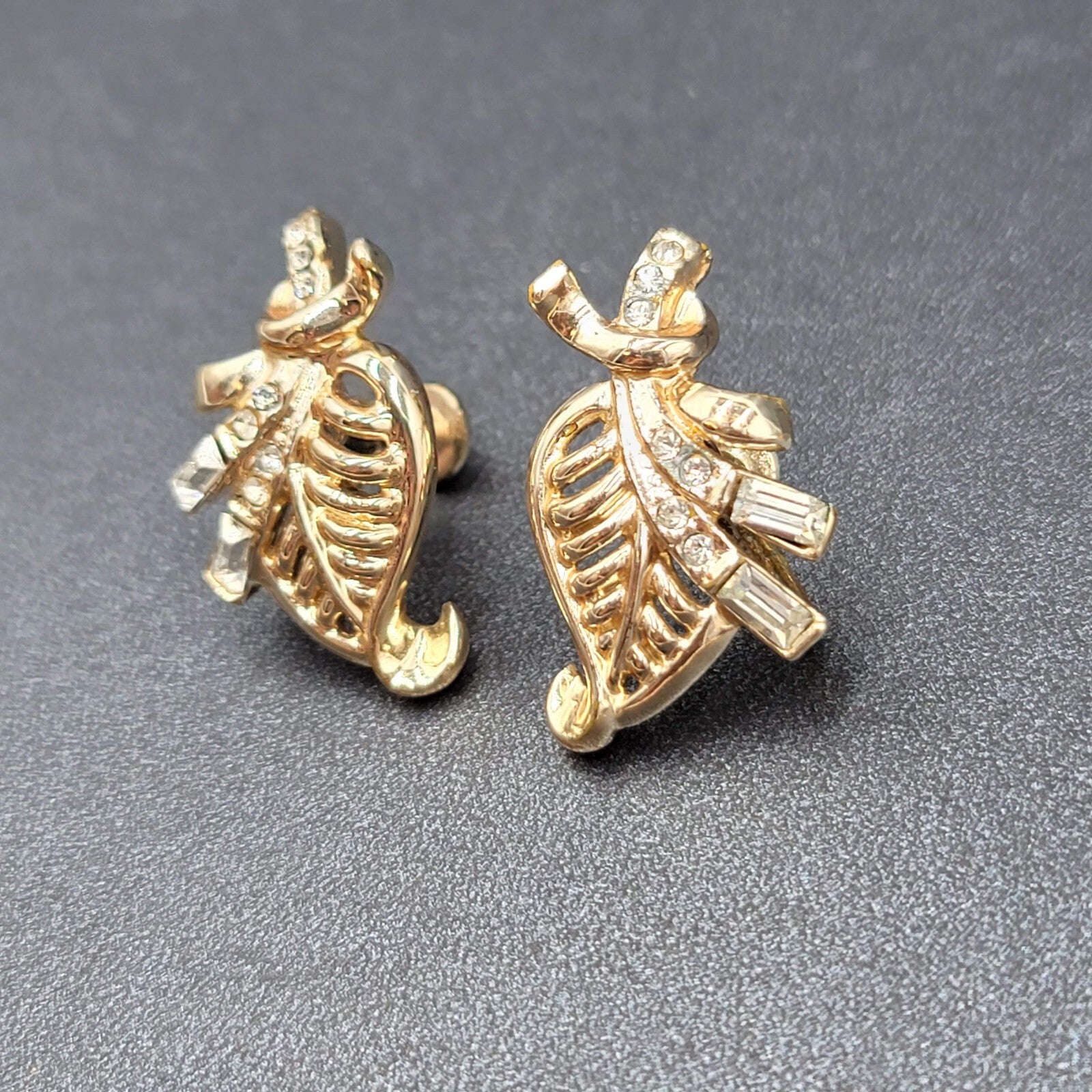 Vintage Clip on Earrings Gold tone Rhinestone Leaf Design Drop Screw Back 1.25"