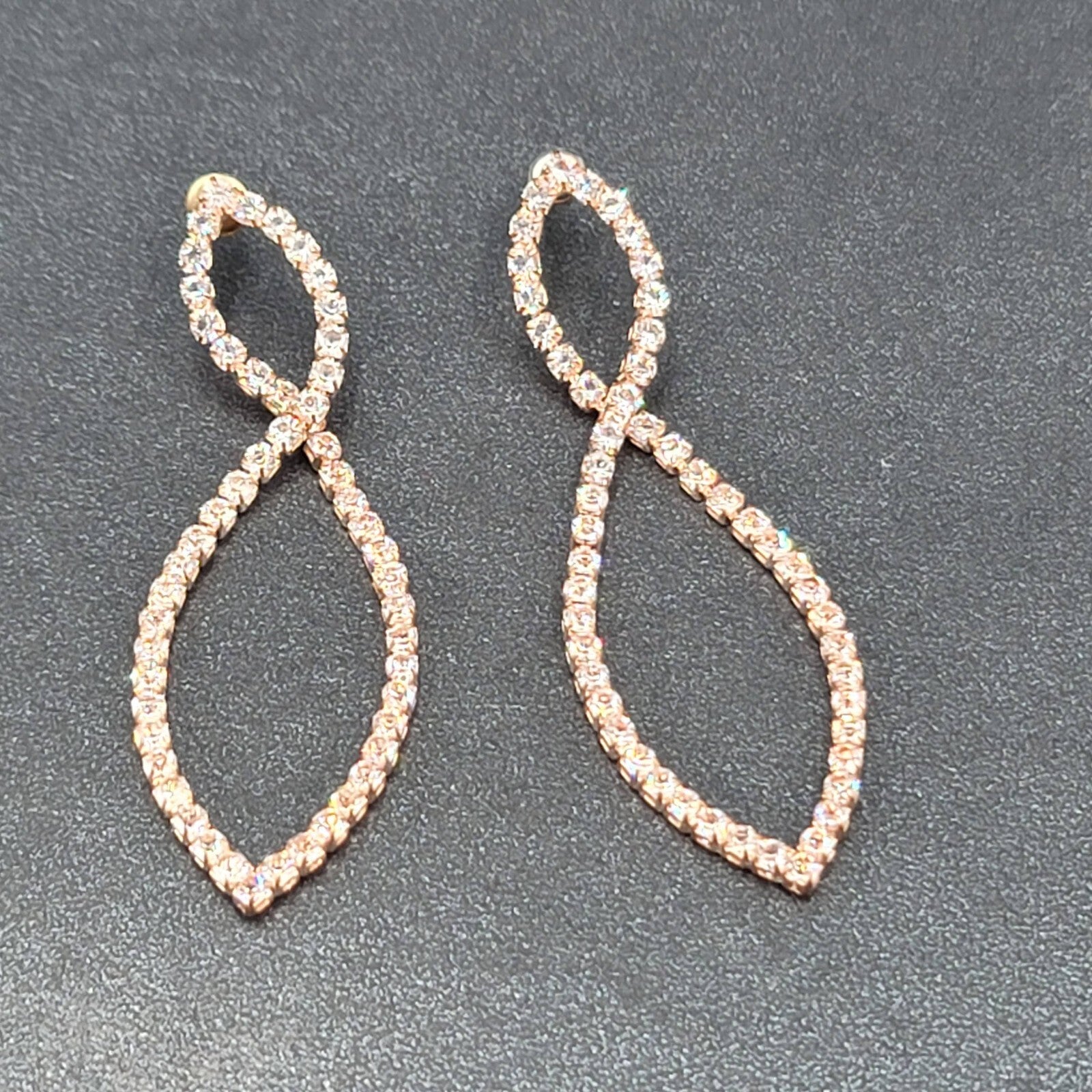 Pierced Earrings Rose Gold tone Crystal Prom Wedding Dangle 2.5"