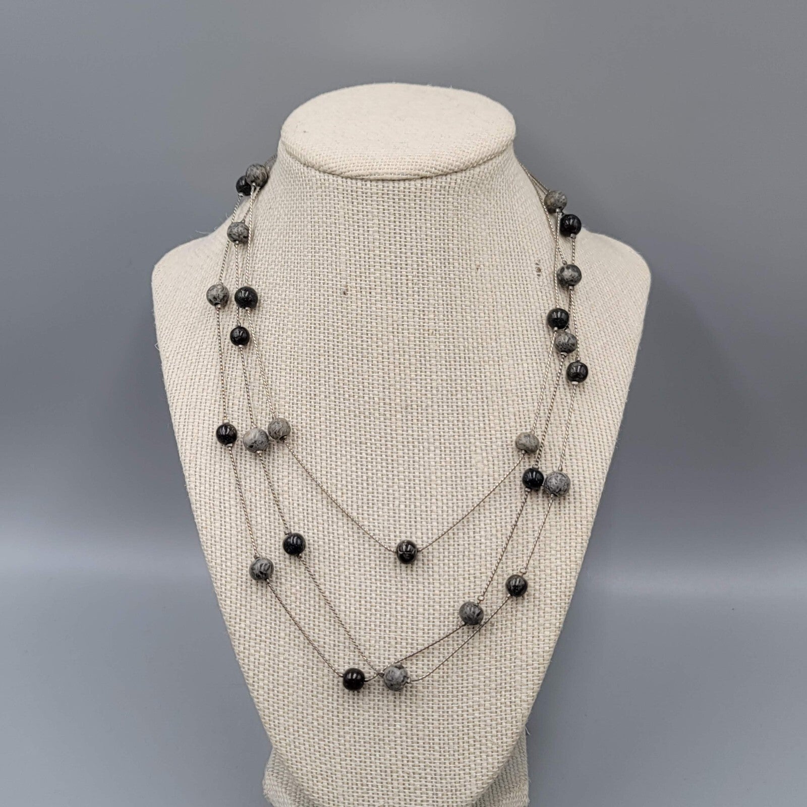 Triple Layer Gray Black Stone Station Bead Necklace Silver tone 16"