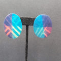 Pierced Earrings Blue Pink Purple Oval Wood Statement 1.25"