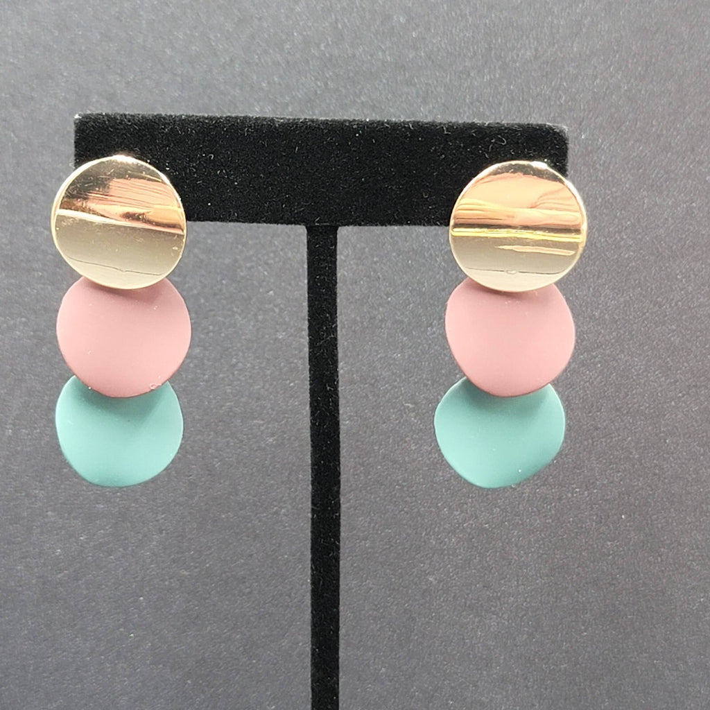 Pierced Earrings Gold tone Merlot Sage Enamel Dangle Discs 1 5/8"