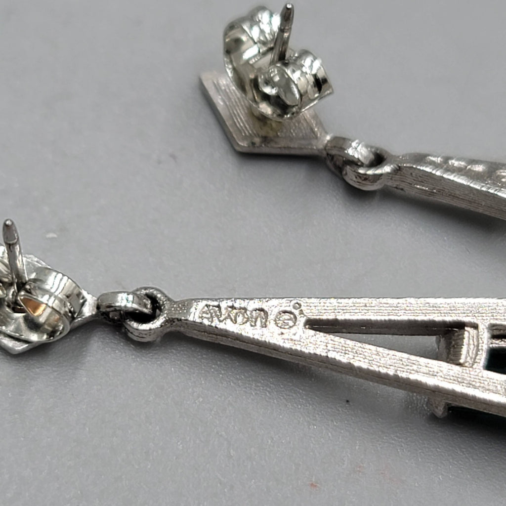 Vintage Avon Pierced Earrings Green Stone Silver tone Dangle  1.5 in