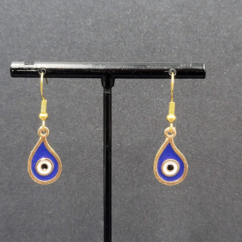 New Evil Eye Pierced Earrings Gold tone Blue Enamel Teardrop Dangle 3/4"