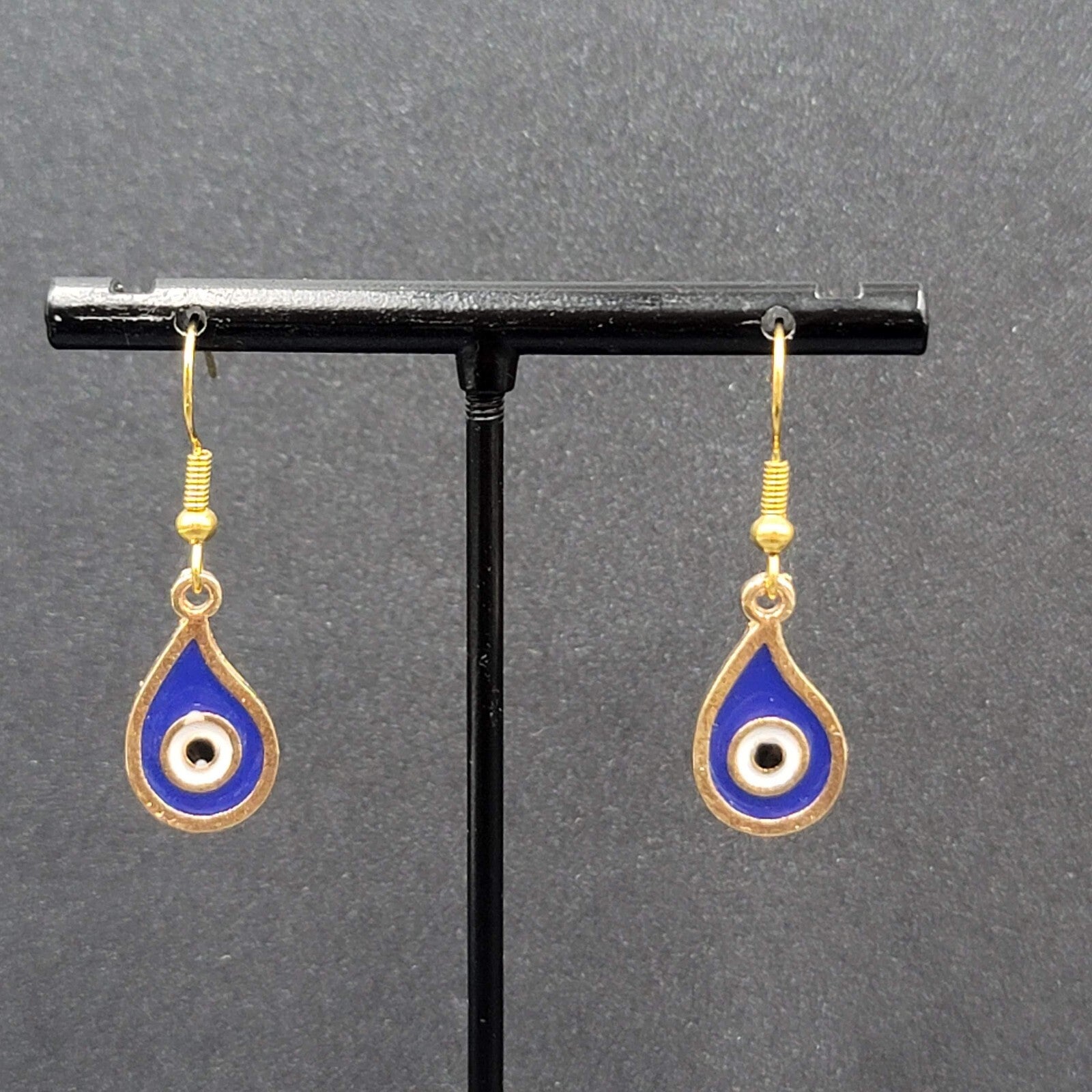 New Evil Eye Pierced Earrings Gold tone Blue Enamel Teardrop Dangle 3/4"