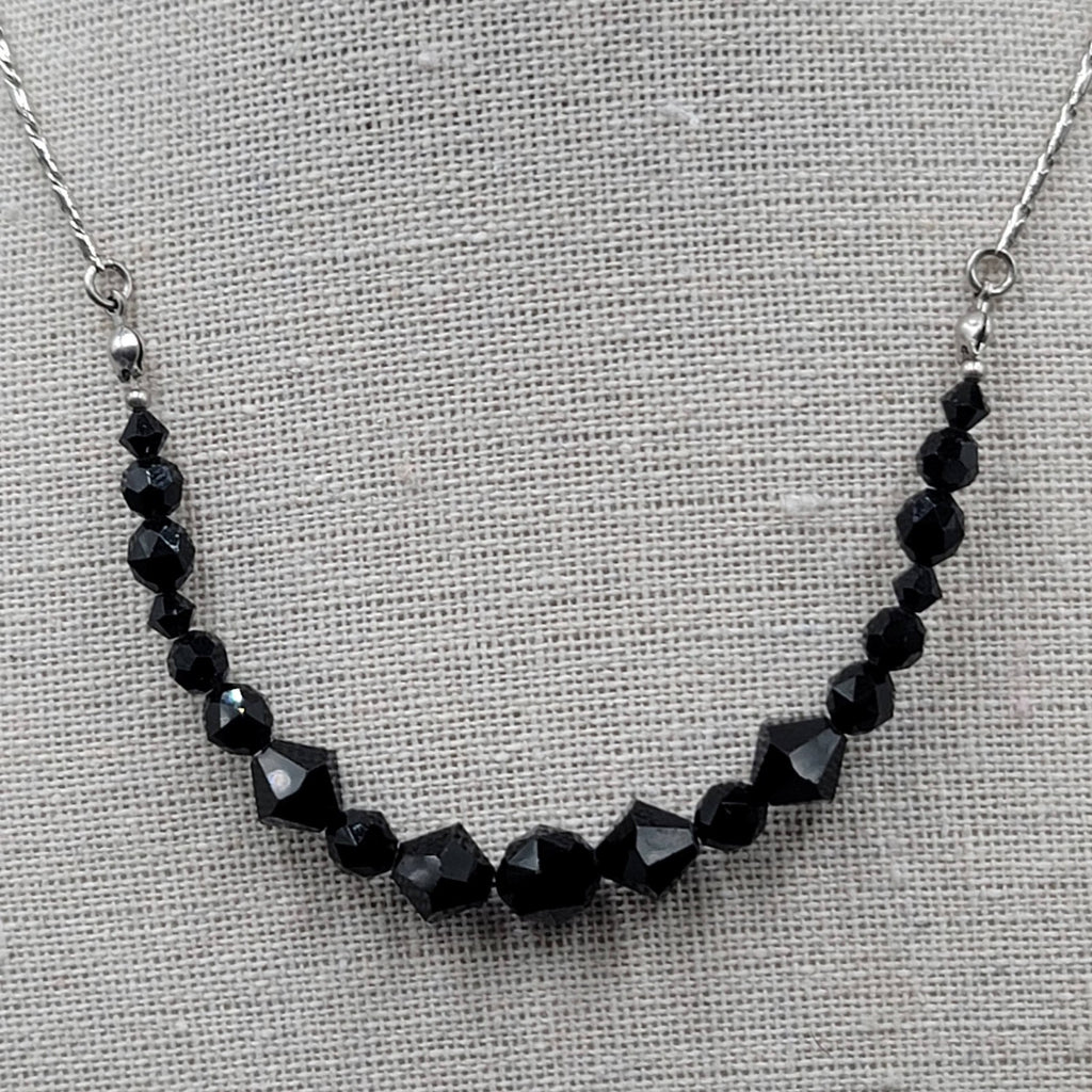Swarovski Necklace Black Rivioli Crystal Bead Silver Plated Signed 16"-18"