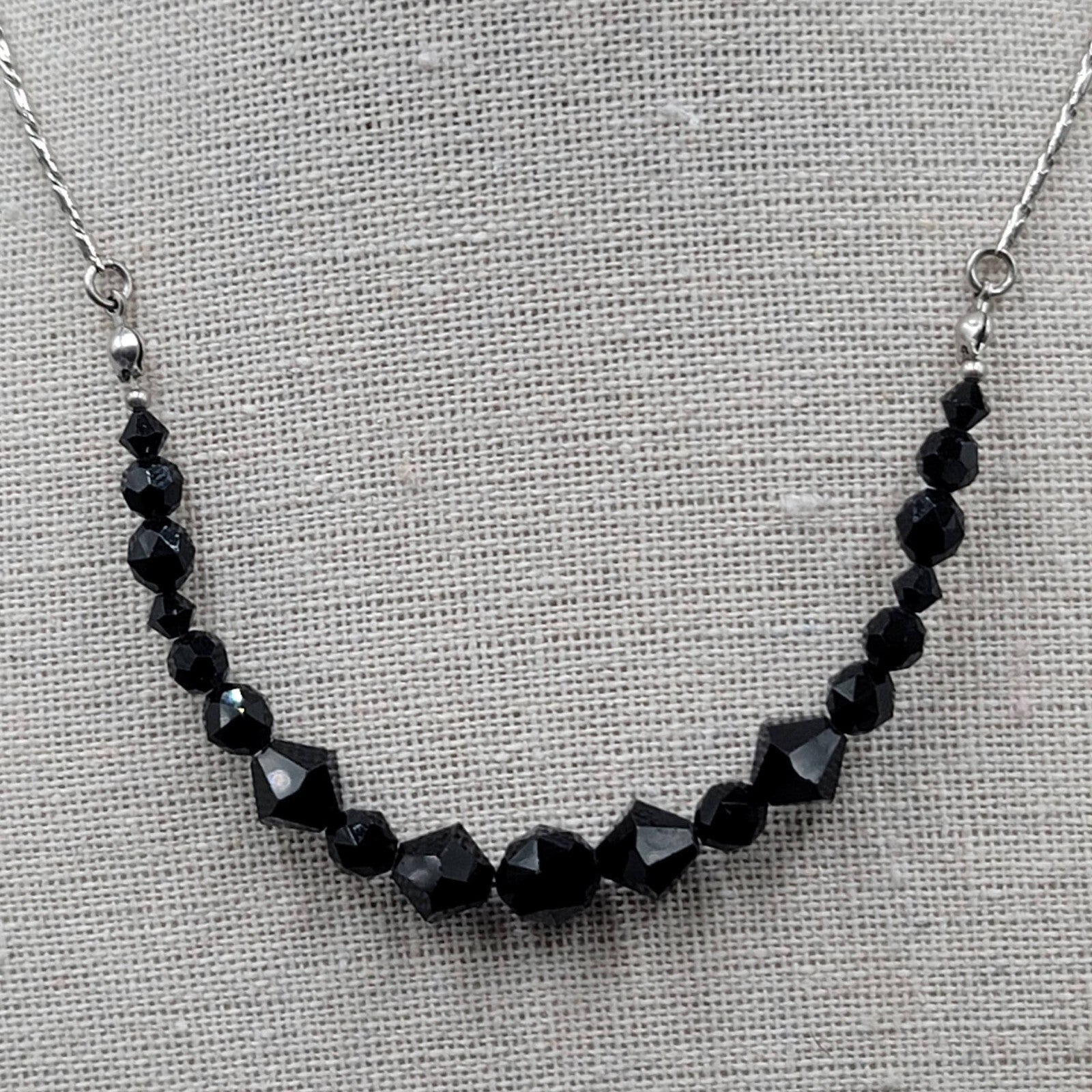 Swarovski Necklace Black Rivioli Crystal Bead Silver Plated Signed 16"-18"