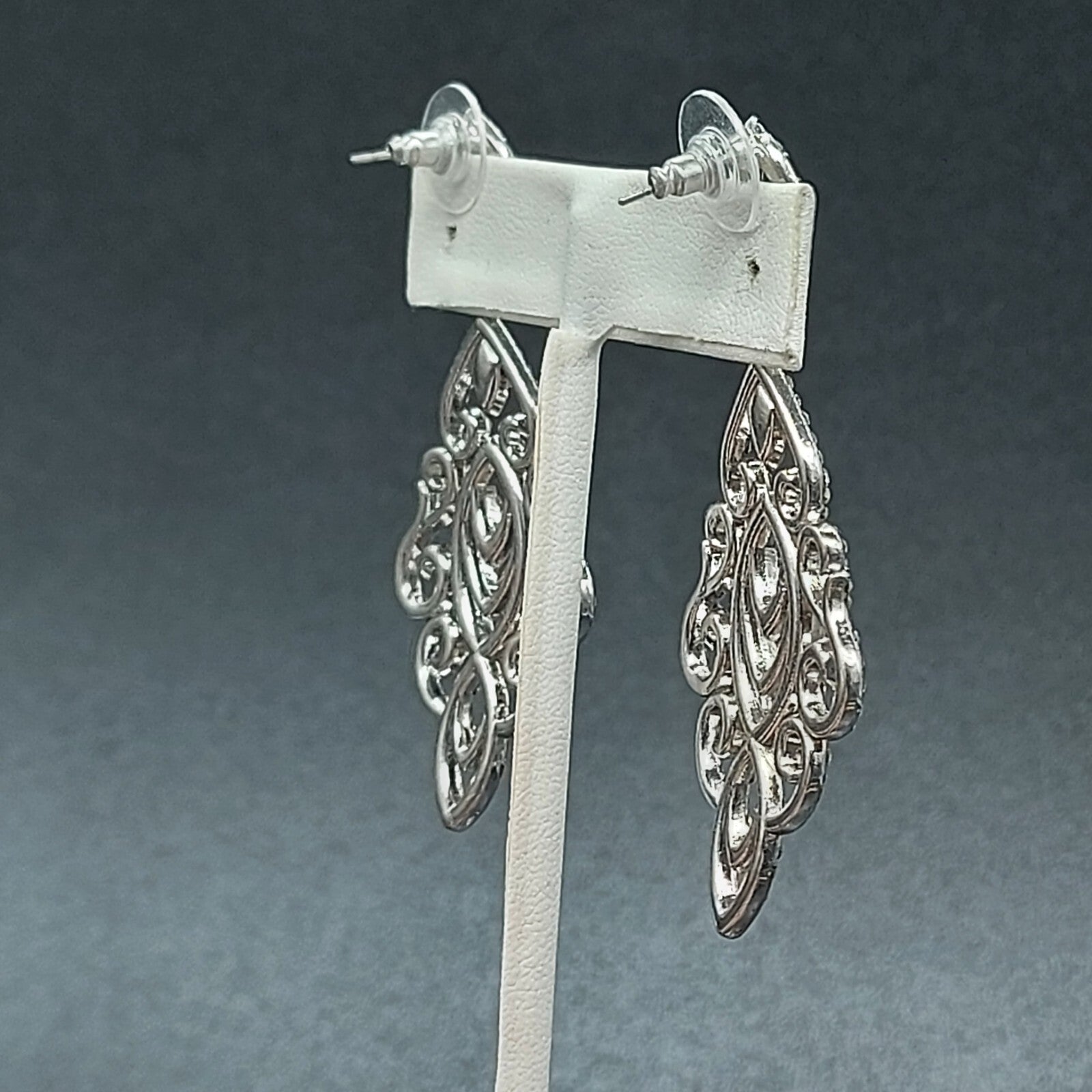 Pierced Earrings Silver tone Dangle Teardrop Crystal 2.5" Wedding Prom Statement