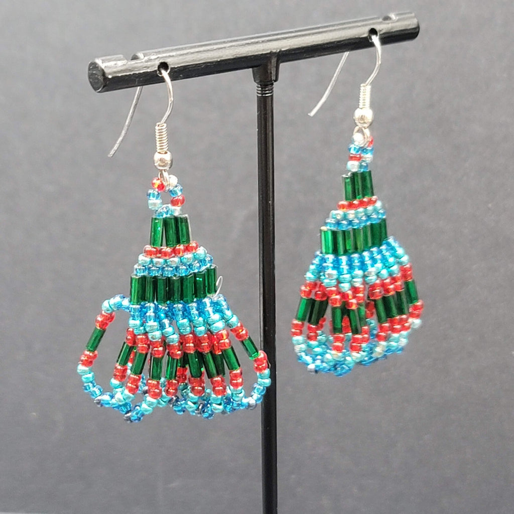 Vintage Pierced Earrings Silver tone Blues Purple Seed bead Dangle 1.5"