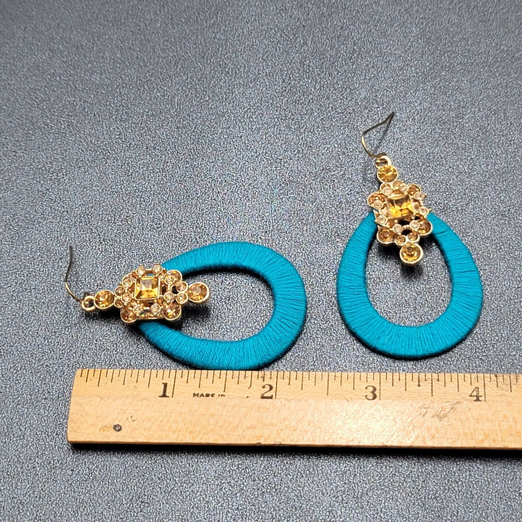 Pierced Earrings Gold tone Yellow Rhinestone Blue String Wrapped Hoops 2.25"