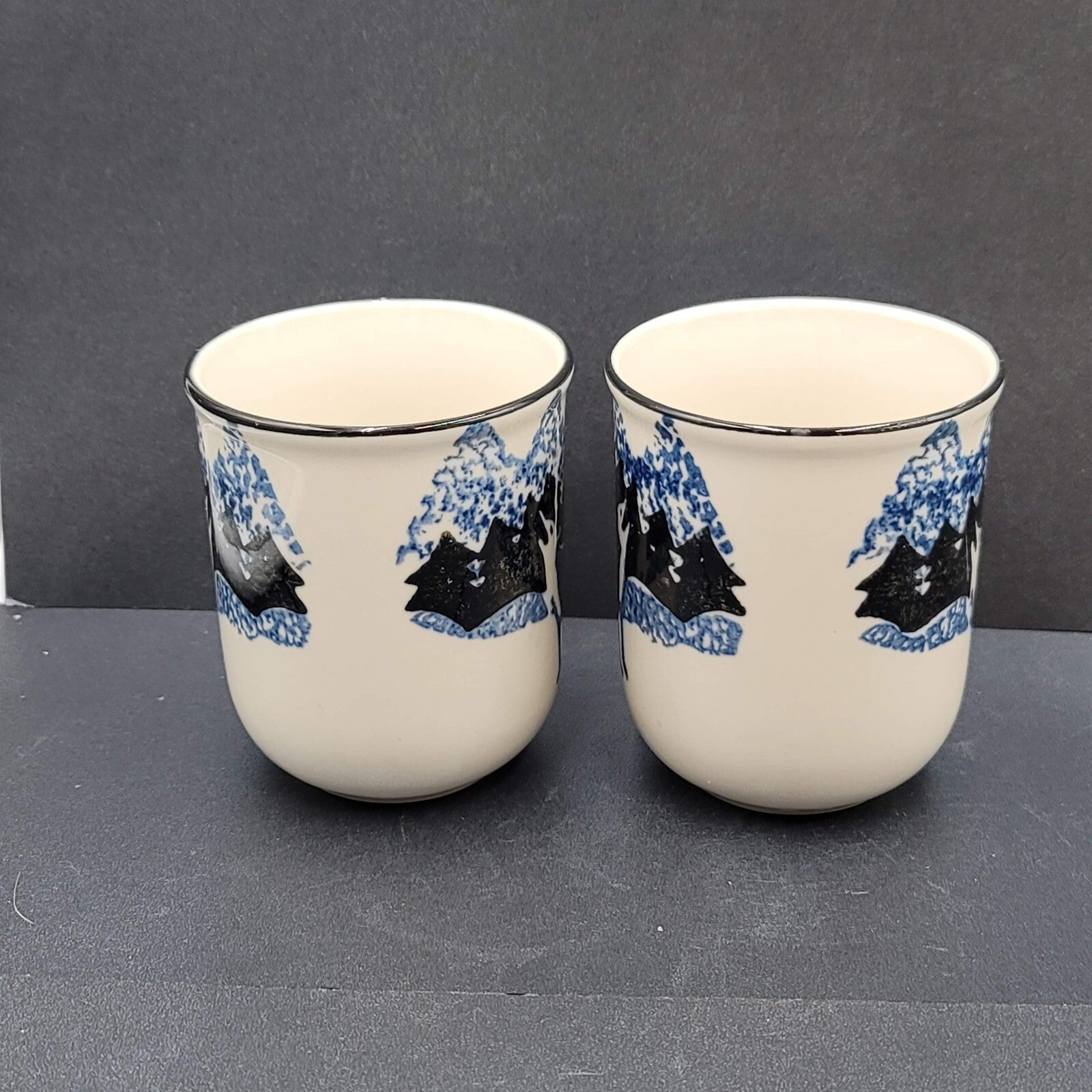 Set of 2 Vintage WOLF TIENSHAN FOLK CRAFT 10 oz Coffee Mugs Tea Cups Blue Sponge