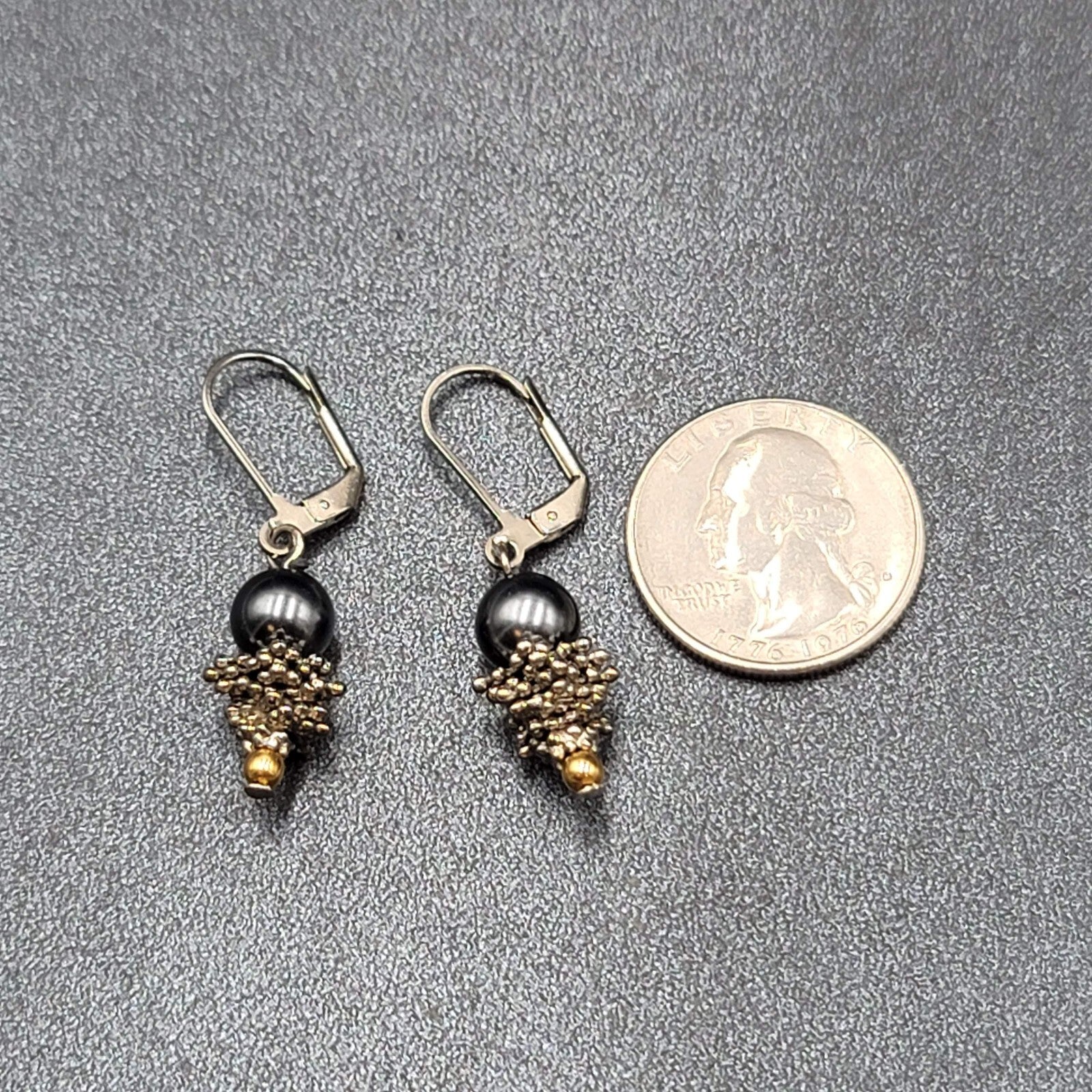 Pierced Earrings Silver tone Black Bead Dangle  7/8"