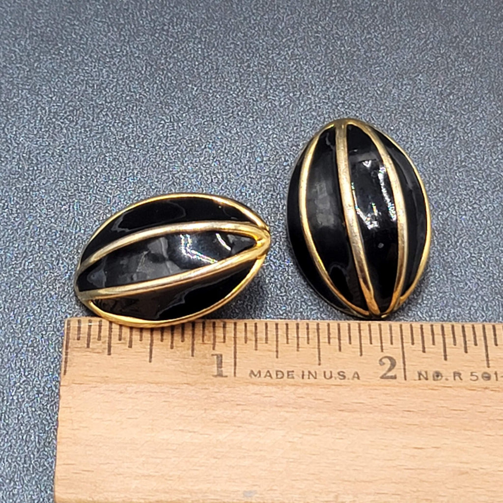 Vintage Clip on Earrings Gold Plated Black Enamel Drop Statement 1.25"