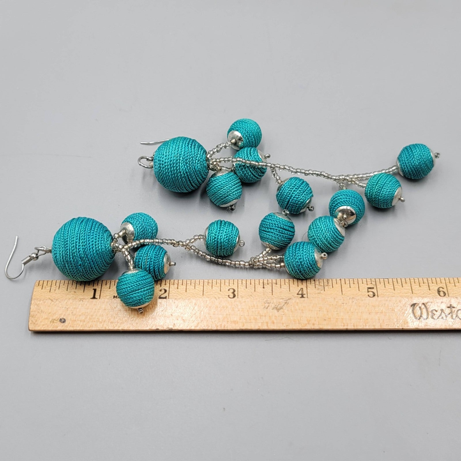 Statement Blue Thread Wrapped Beaded Dangle Earrings Silver Tone 5.5"