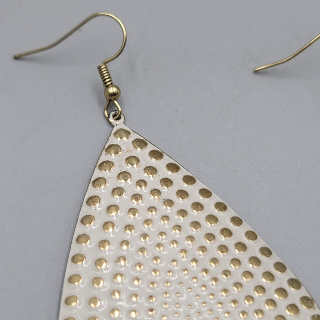 Large Statement Teardrop White Enamel Pierced Earrings Gold tone Dangle 3"