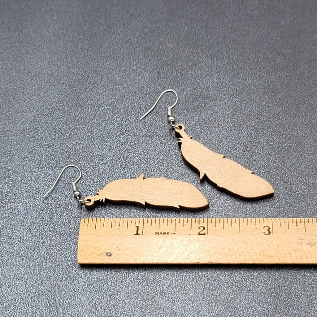 New Boho Pierced Earrings Wood Cut Feather Multicolor Dangle 2"