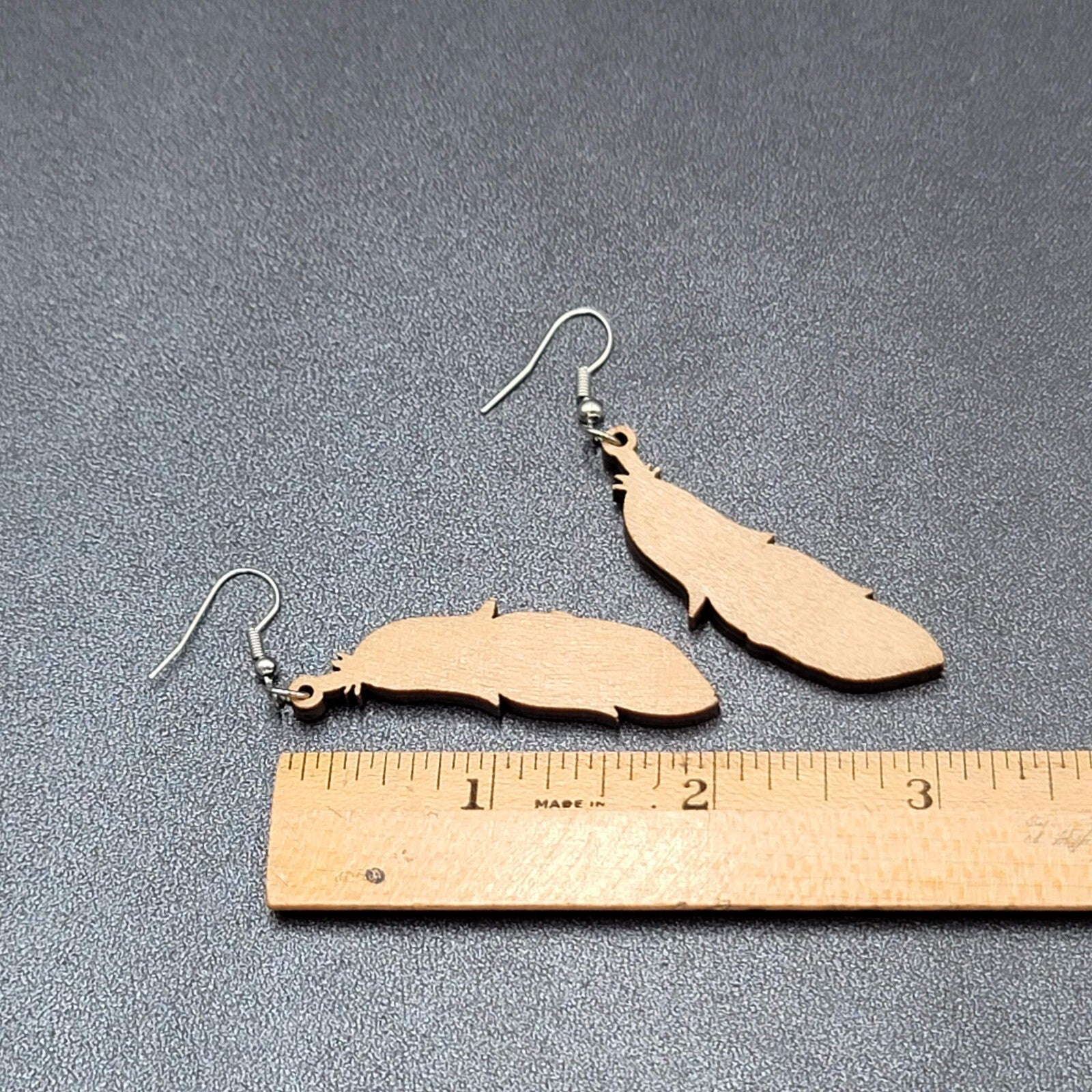 New Boho Pierced Earrings Wood Cut Feather Multicolor Dangle 2"