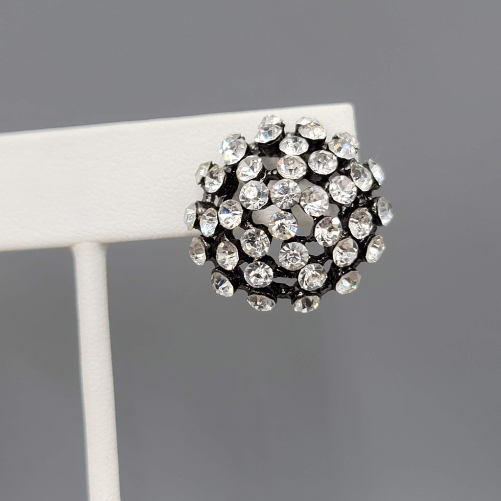 Crystal Dome Pierced Earrings Black Metal Drop 7/8 in