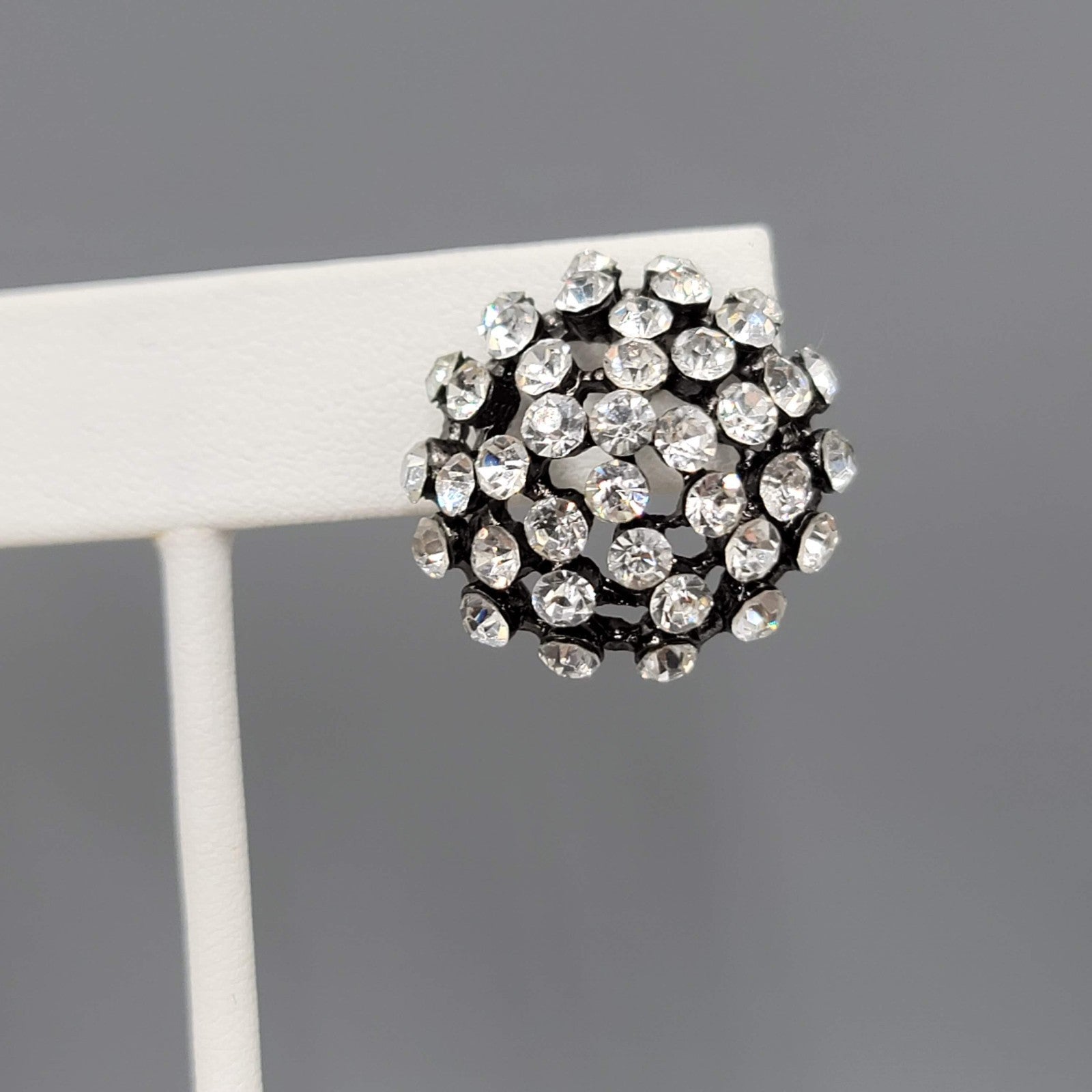 Crystal Dome Pierced Earrings Black Metal Drop 7/8 in