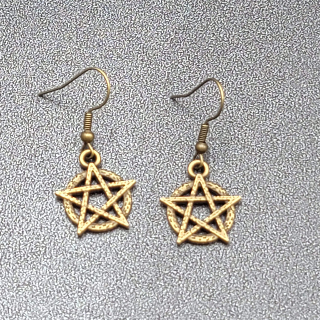 New Pentagram Circle Pierced Earrings Bronze tone Dangle 3/4"