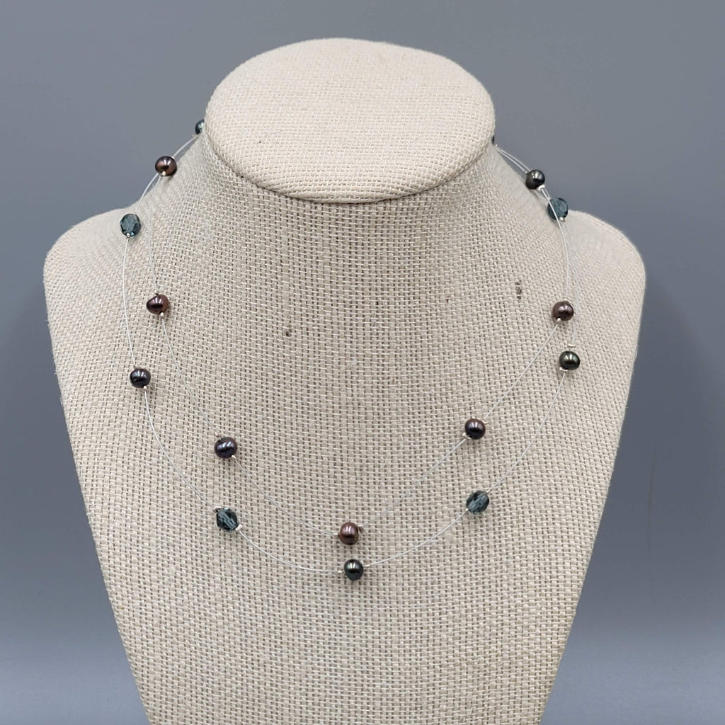 Peacock Freshwater Pearl Crystal Necklace Two Strand Illusion Silver Clasp 5"