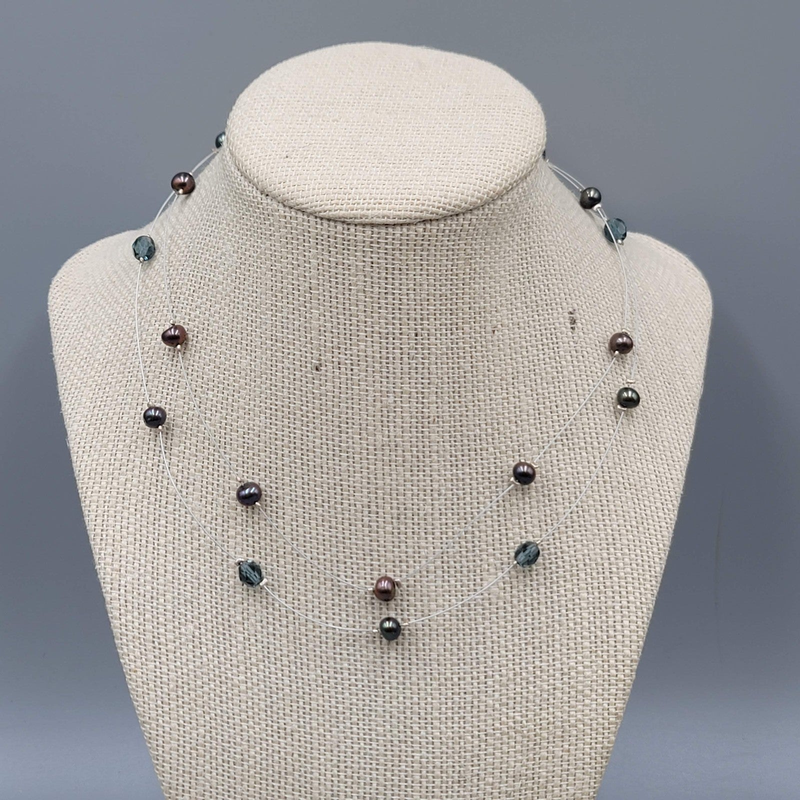 Peacock Freshwater Pearl Crystal Necklace Two Strand Illusion Silver Clasp 5"