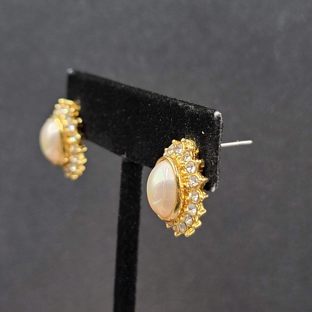 Pierced Earrings Gold Plated Crystal Oval Iridescent Cabochon Studs 5/8"