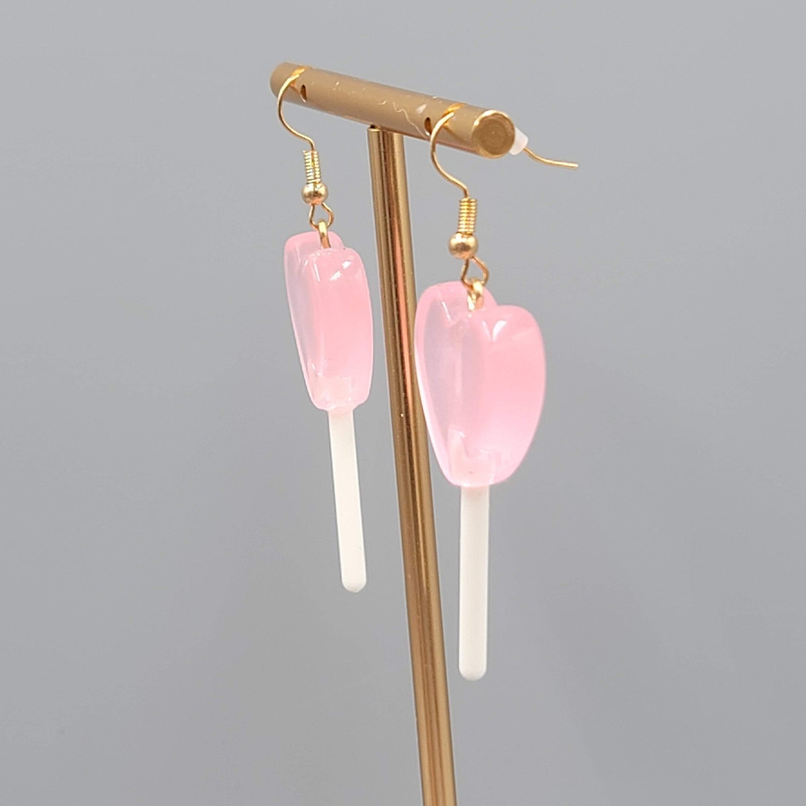 Heart Lollipop Dangle Pierced Earrings Resin Gold Hook Candy 1.75"