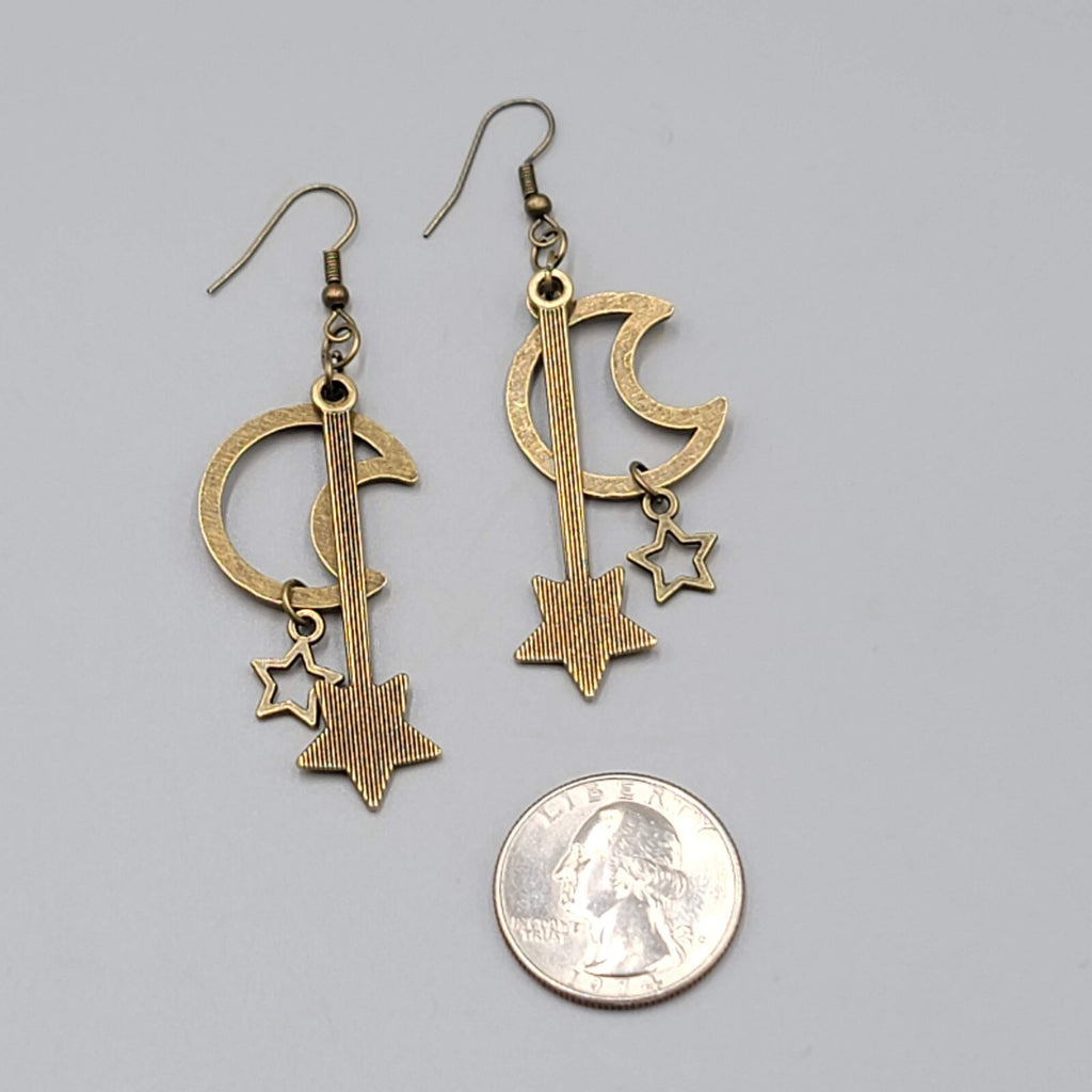 Open Work Moon Dangle Stars Pierced Earrings Bronze tone 2"