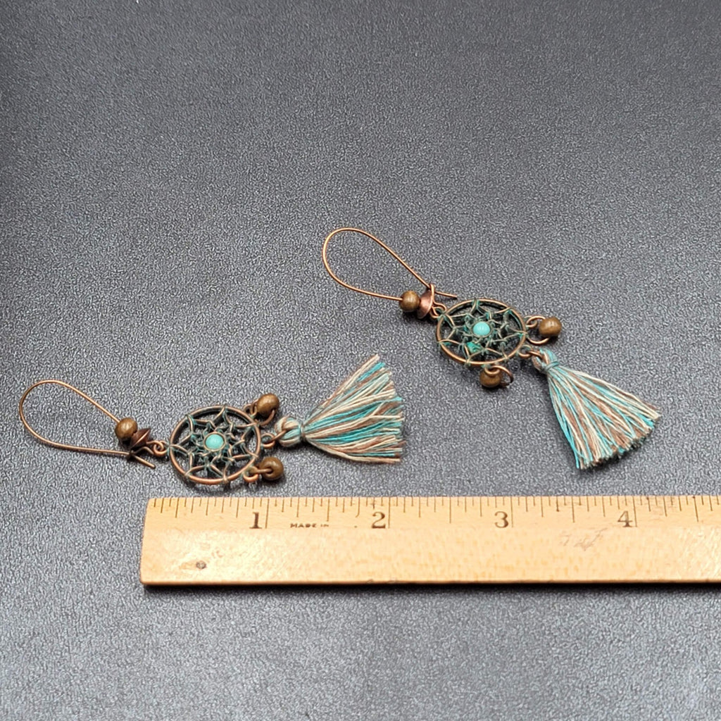 New Boho Pierced Earrings Copper tone Dreamcatcher Wood Bead Blue Tassel 2"