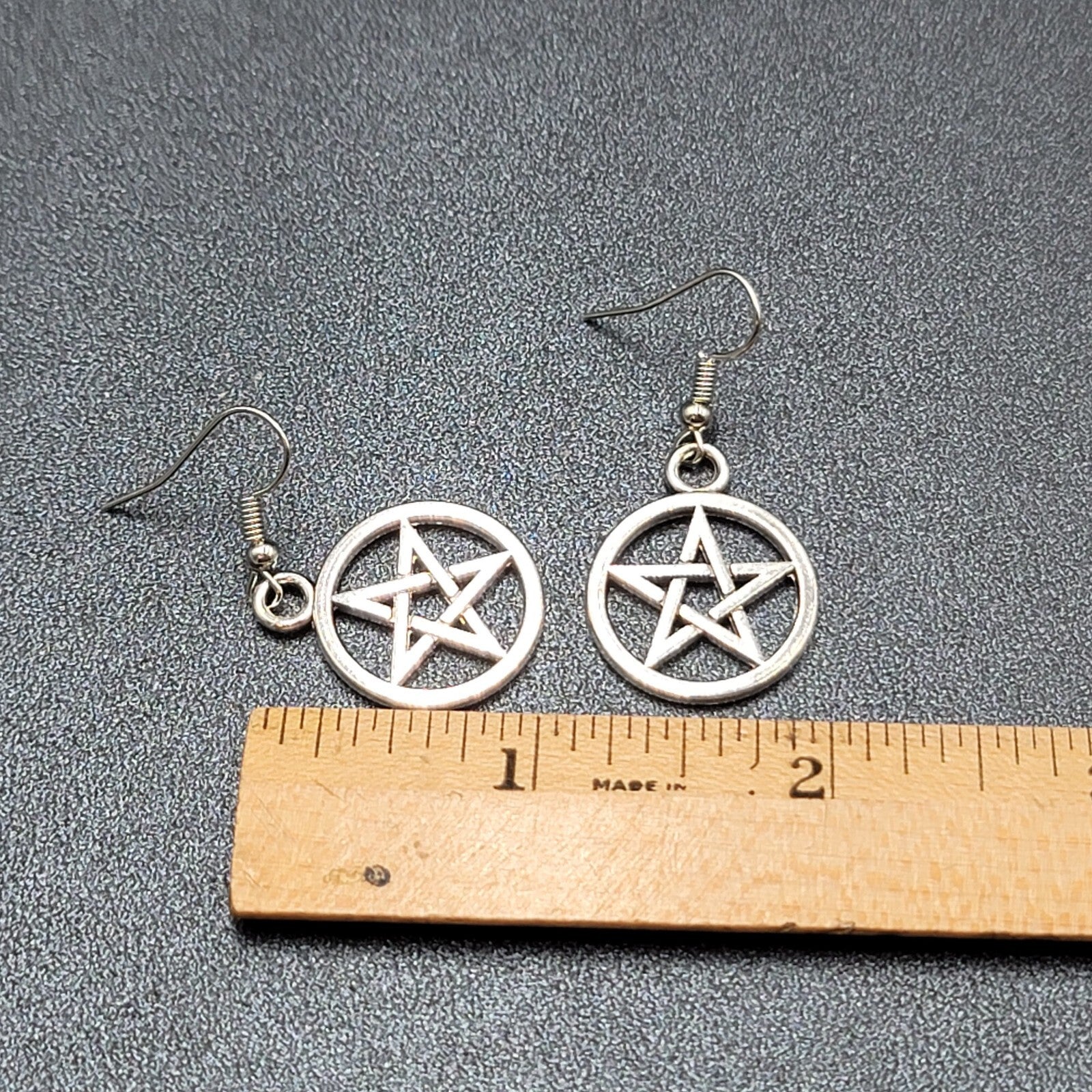 New Pentagram Circle Pierced Earrings Smooth Silver tone Dangle 1"