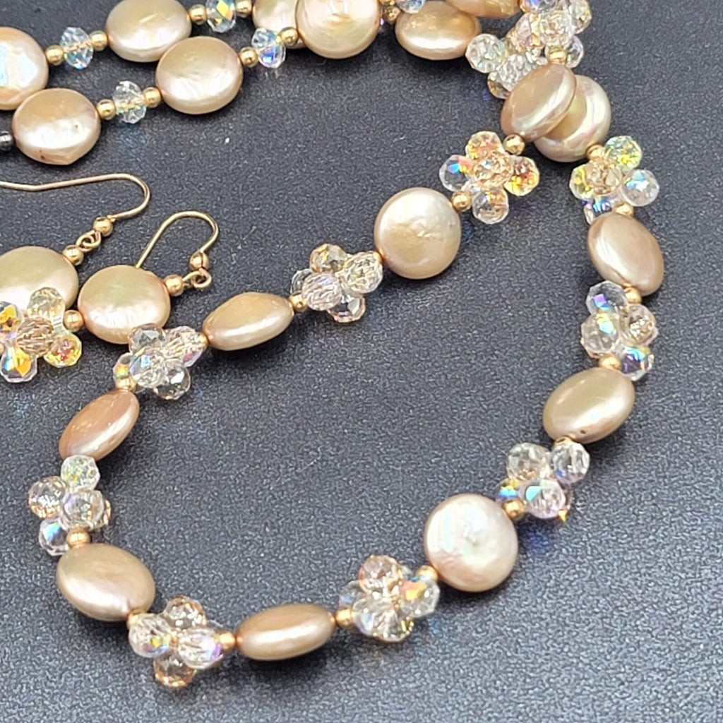 Pearl and Crystal Bead Necklace Pierced Earring Set