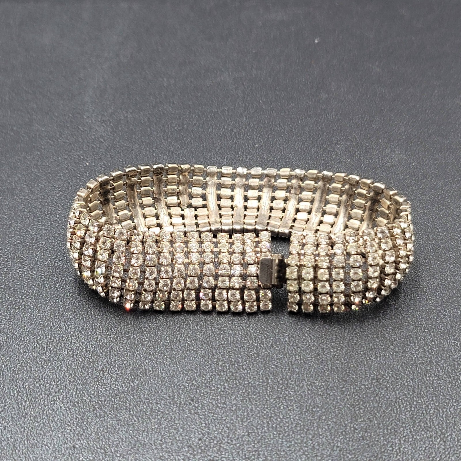Vintage Wide Rhinestone Bracelet Silver tone 7 in