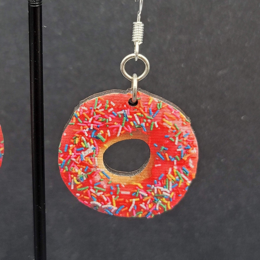 Pierced Earrings Pink Sprinkle Donuts Wood Dangle 1"