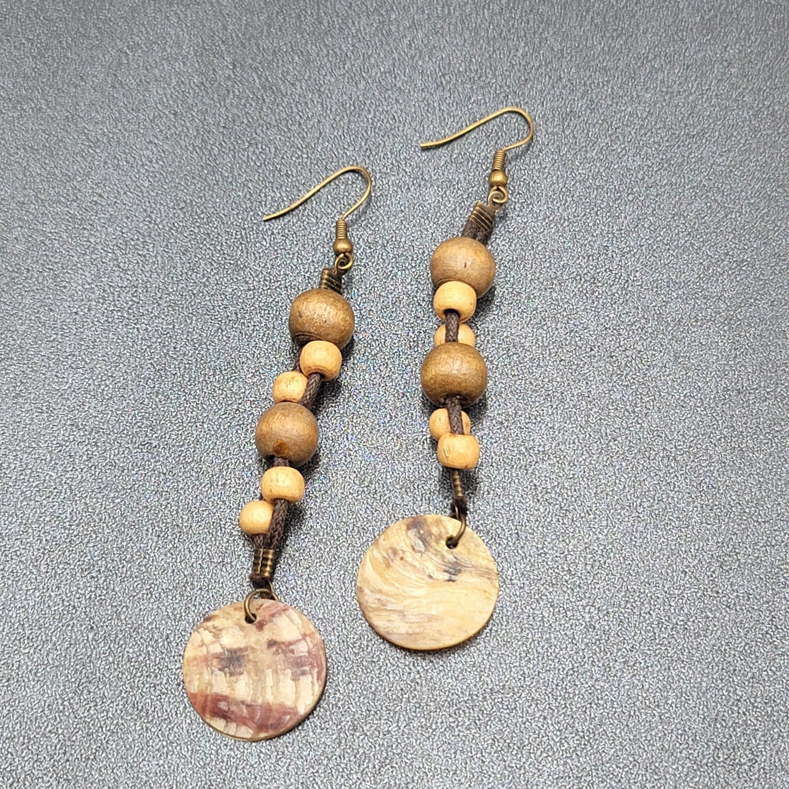 Boho Pierced Earrings Brown Cord Wooden Bead Shell Dangle 3"