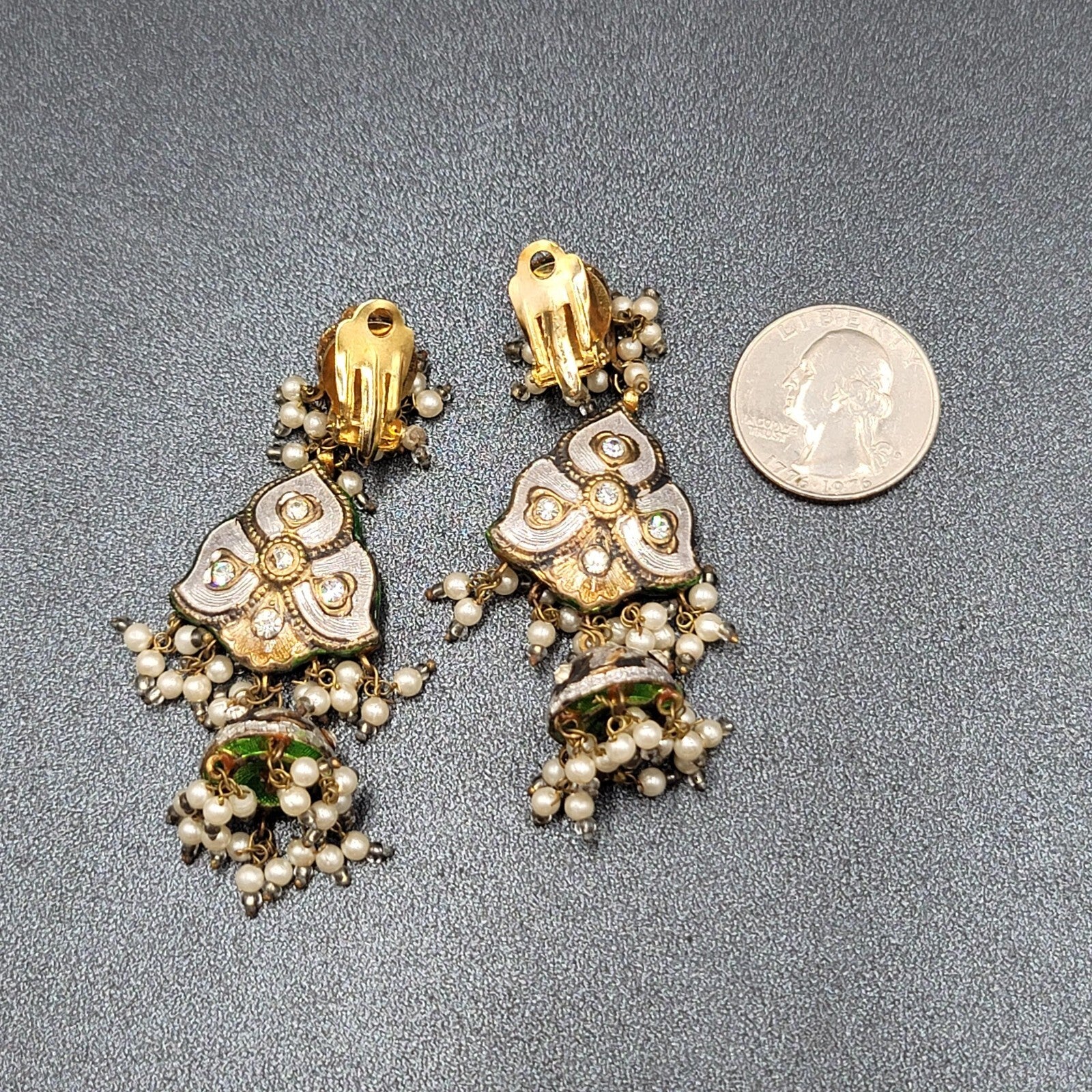 Clip on Earrings Large Enamel Guilloche Beaded Chandelier India Jewelry 2.75"