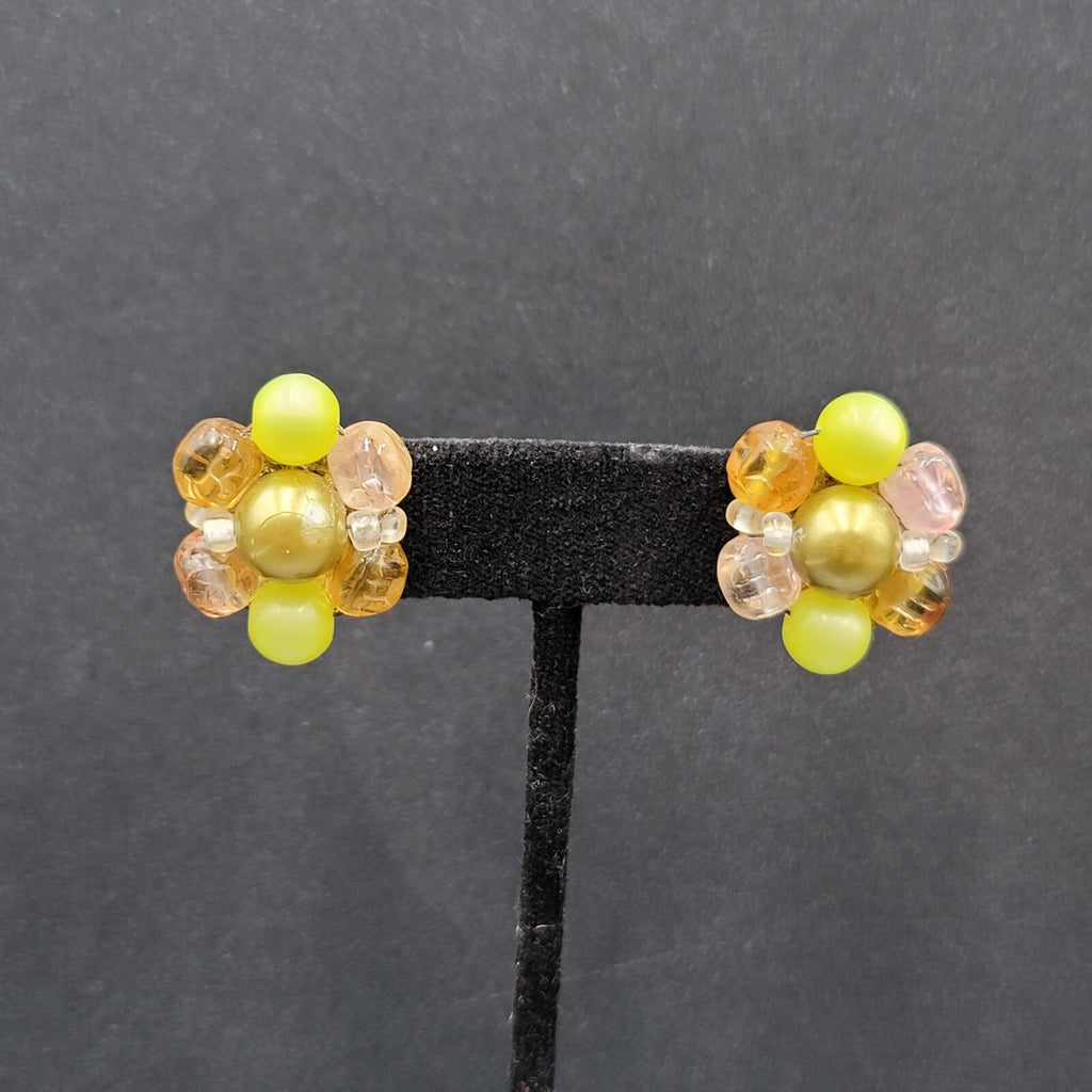 Vintage Clip on Earrings Yellow Green Pink Acrylic Cluster Bead Studs 1"