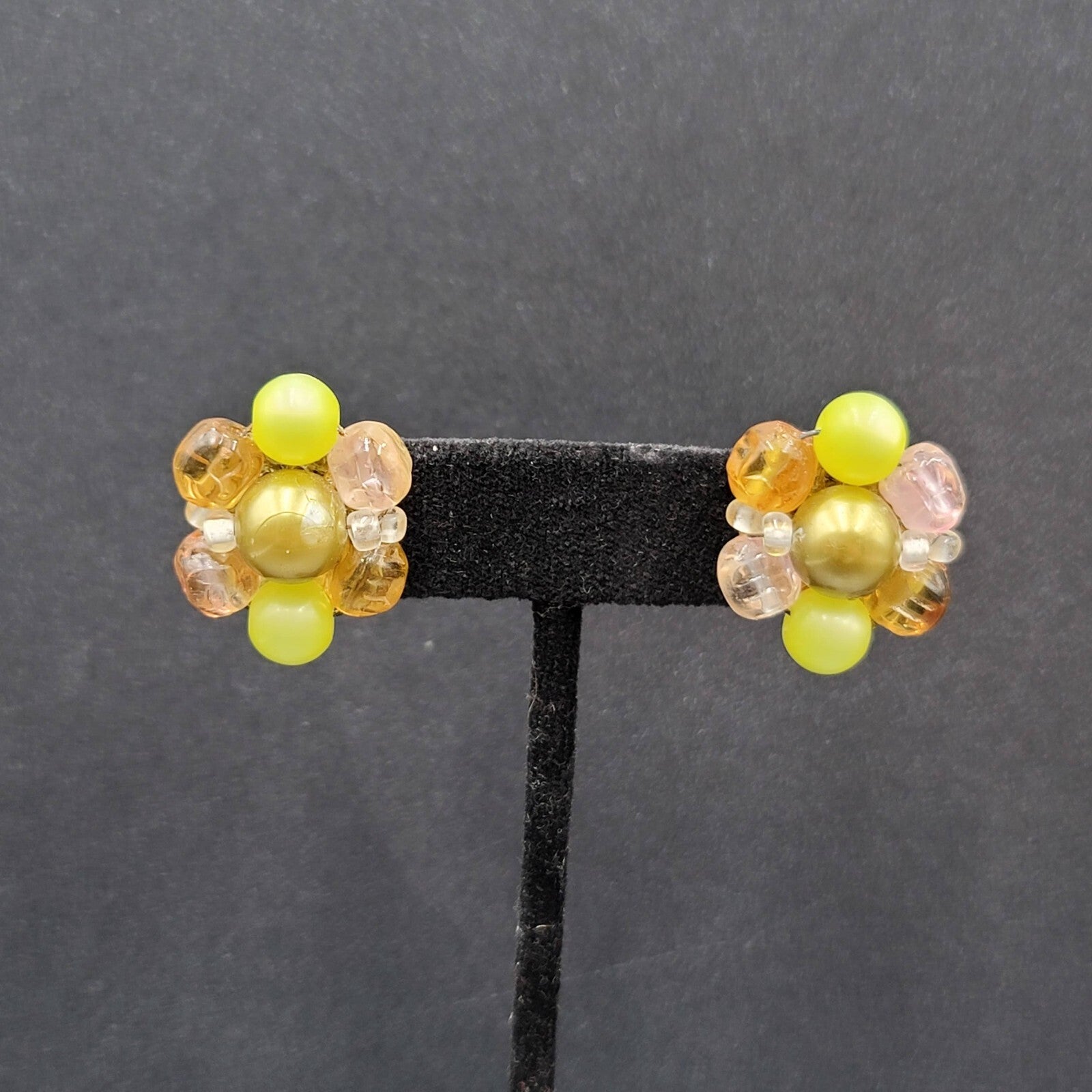 Vintage Clip on Earrings Yellow Green Pink Acrylic Cluster Bead Studs 1"