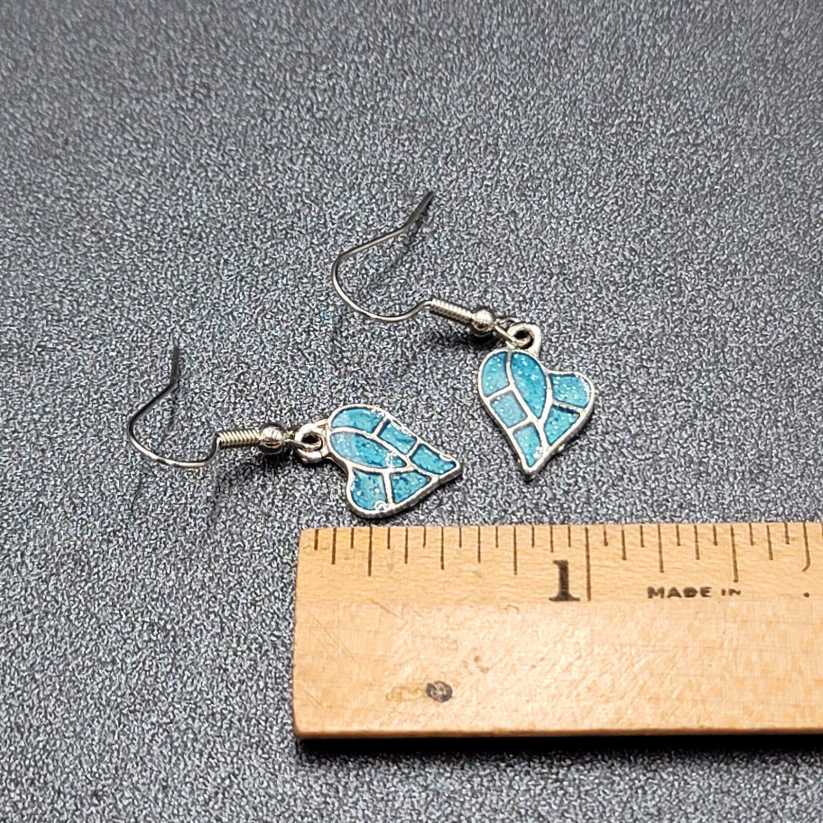 Heart Pierced Earrings Silver tone Blue Enamel Glitter Dangle 5/8"