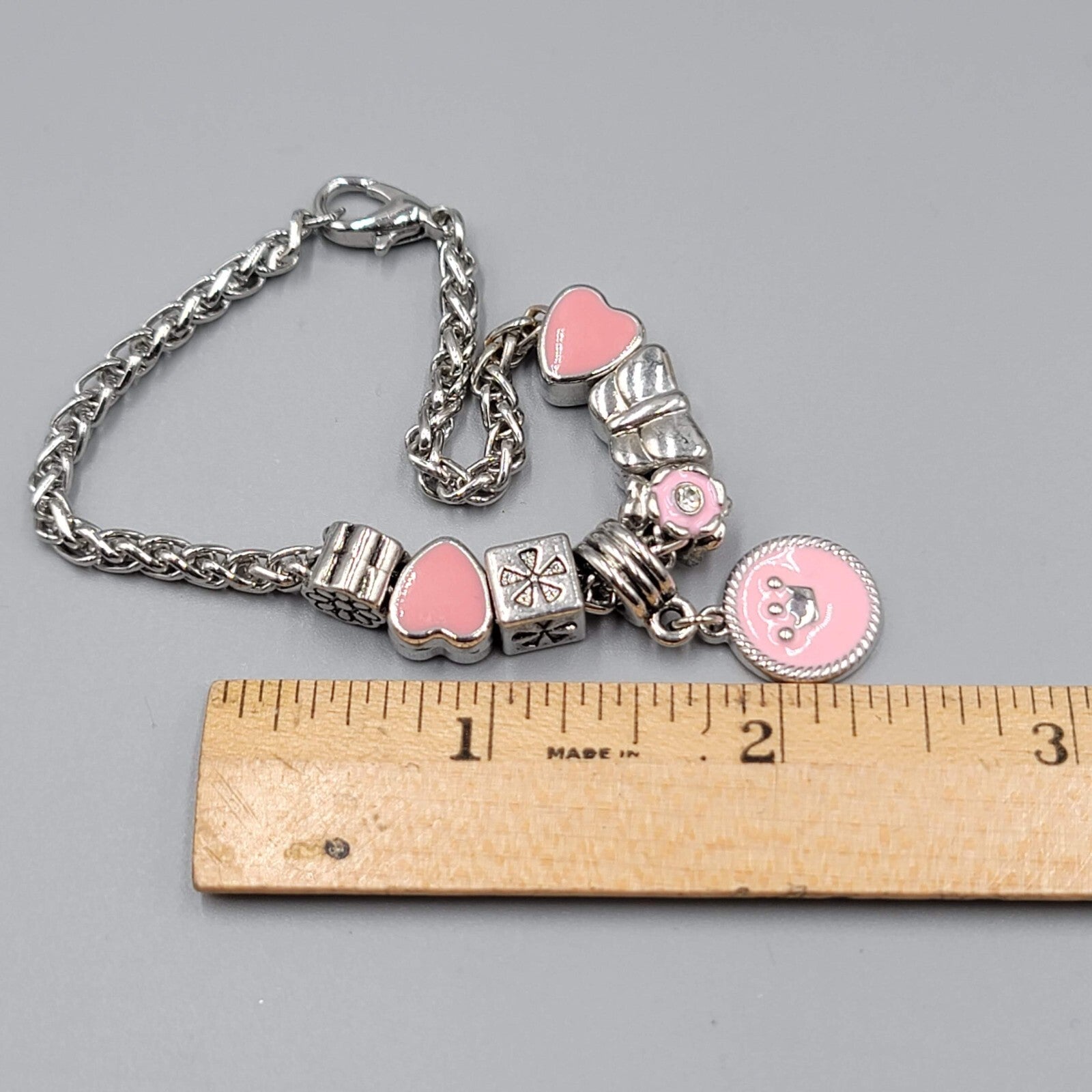 Slide Charm Bracelet Pink Enamel Hearts Beads Silver tone  7.25 in