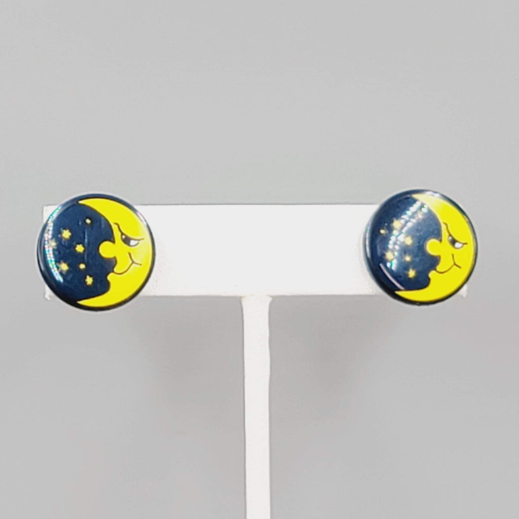 Crescent Moon Pierced Earrings Man in the Moon Round Night Sky 5/8"