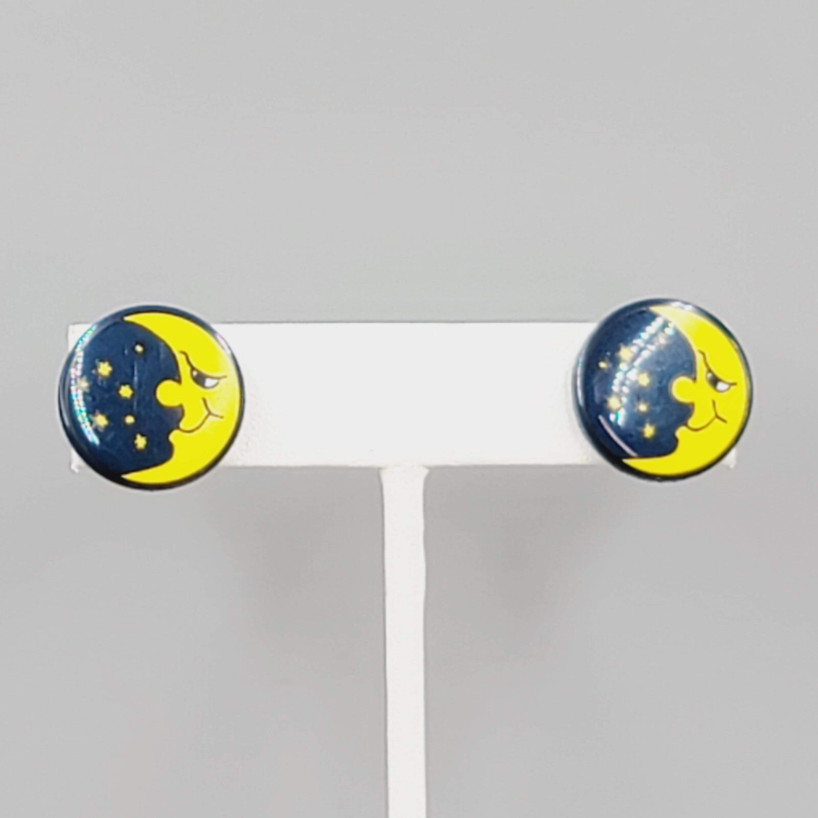 Crescent Moon Pierced Earrings Man in the Moon Round Night Sky 5/8"