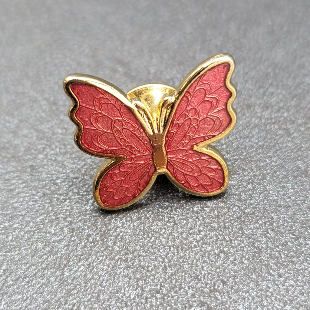 Vintage Enamel Guilloche Pink Butterfly Lapel Pin Gold tone Lapel Hat Pin 3/4"