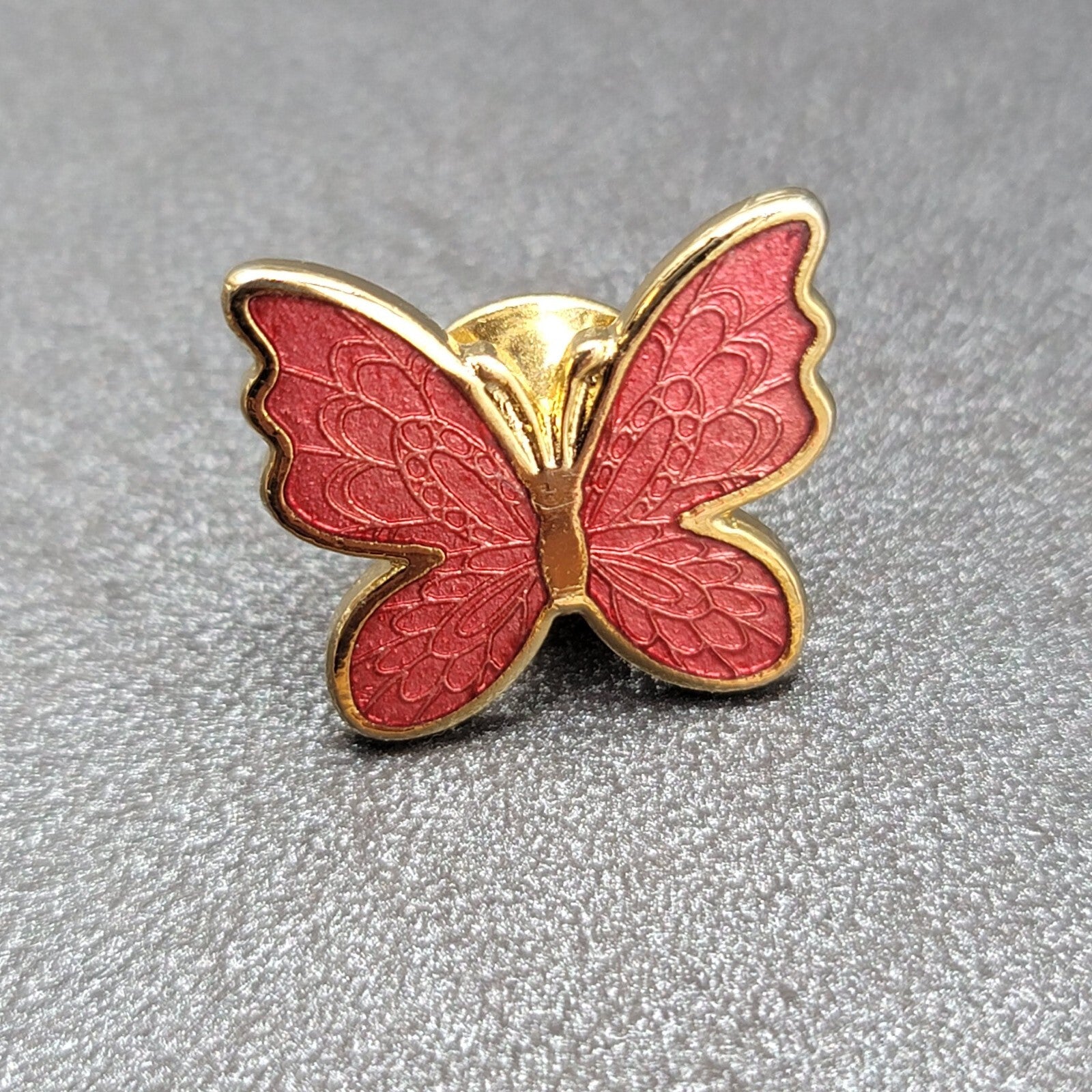 Vintage Enamel Guilloche Pink Butterfly Lapel Pin Gold tone Lapel Hat Pin 3/4"