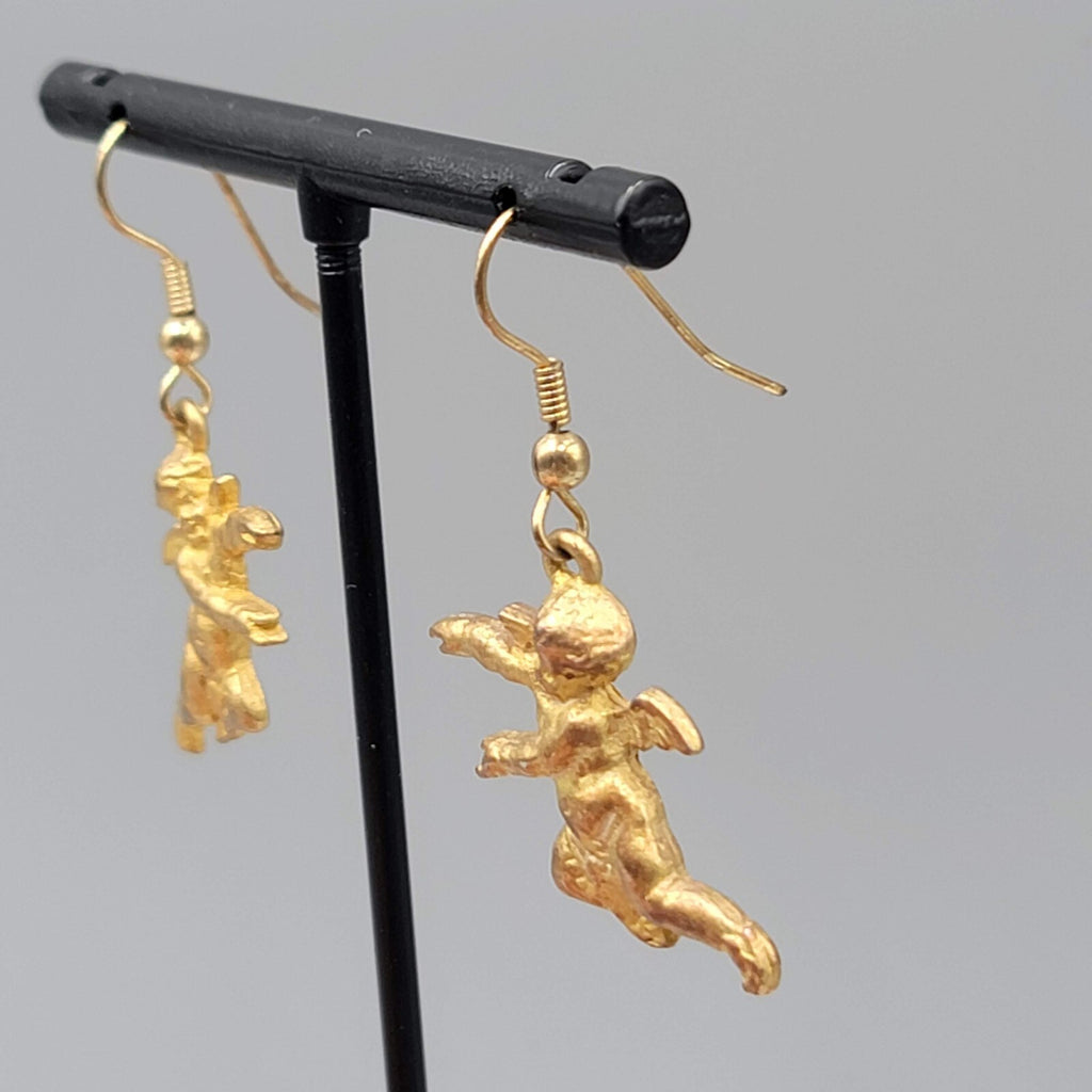Vintage Cupid Cherub Angel Pierced Earrings Gold tone Dangle 1"